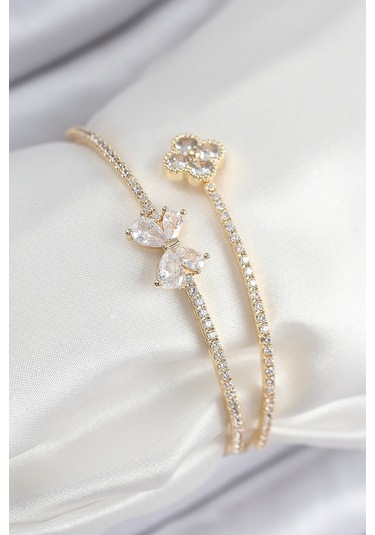 Pirinç Zirkon Taşlı Fiyonk Ve Yonca Model Gold Renk Kadın Bileklik Çok Renkli