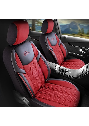 Panda Berlin Serisi Jakar Kumaş Oto Koltuk Kılıfı Kırmızı - Siyah