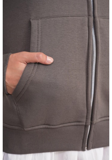 Mixray 2023 Unisex 3iplik Basic Polarlı Fermuarlı Sweatshirt Hoodie Antrasit