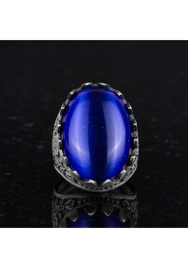 925 Ayar Gümüş Yüzük - Gül Desenli Yüzük - Erkekler İçin Yapay Taş Yüzük - El Yapımı Yüzük Yapay Lacivert Kedigözü Gümüş