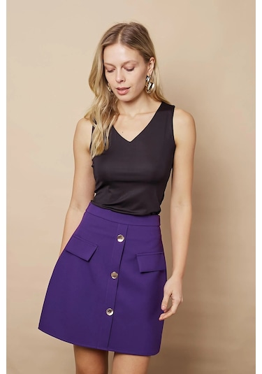 Kadın Diz Üstü Yüksek Bel Önü Düğmeli Cep Kapaklı Hafif Likralı Kumaş Çan Etek-mor Mor