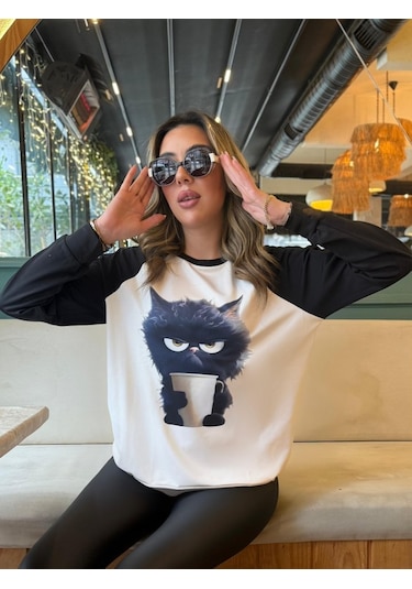 Reka Moda Kadın Uzun Kollu Bisiklet Yaka Kedi Baskılı Şardonlu Dalgıç Bluz Beyaz