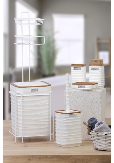 Okyanus Home Beyaz Ahşap Desenli Luna Kare Yedekli Wc Kağıtlık Ve 6 Parça Banyo Seti