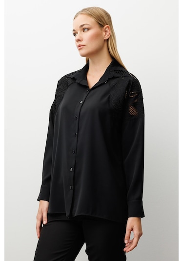 Moda İlgi Kadın Nakış Detaylı Oversize Gömlek 0095 Siyah Siyah