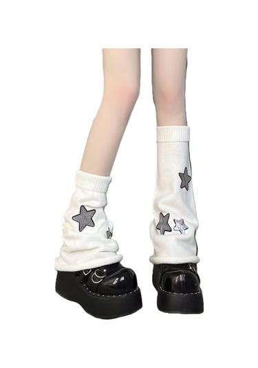 Springsun Beyaz Yıldız Desenli Çift Katlı Polyester Çoraplar - Isı Sağlayan Japon Stil Knee-high Soklar Beyaz