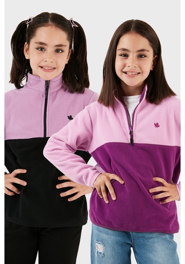 Lela Yumuşak Dokulu Yarım Fermuarlı Renk Bloklu Dik Yaka 2'Li Paket Çocuk Polar 5905004S2 Lila Siyah-Şeker Pembe Mor