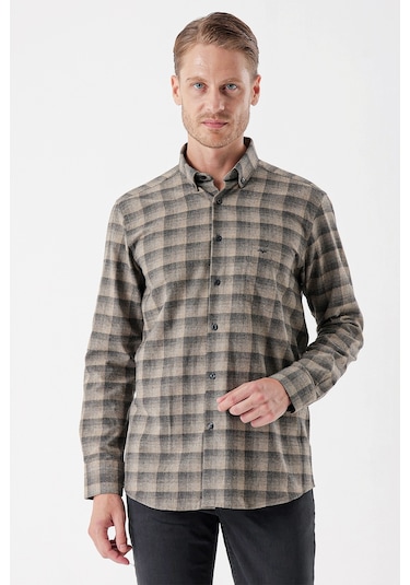 Koyu Vizon Uzun Kollu Ekoseli Gabardin Sert Yaka Cepli Casual Comfort Fit Gömlek 1004235113-koyu Vizon Koyu Vizon