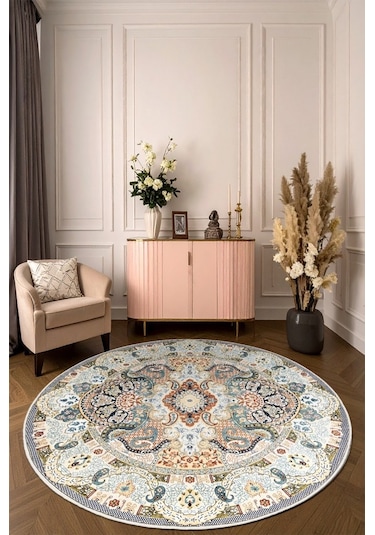 Zeminde Bir Dönüş Yuvarlak Medalyonlu Halı Tasarımı - Kaymaz Taban Krem