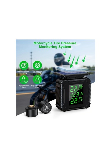 Boatshop1 Ynf Motosiklet Lastik Basınç İzleme Sistemi Siyah Lcd Ekranlı Otomatik Alarm Kablosuz Güneş Enerjili Şarj Lastik Monitörü