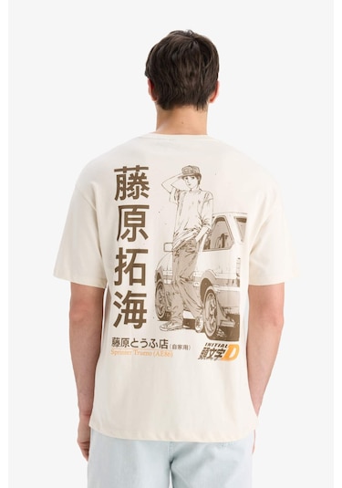 DeFacto %100 Pamuk Initial D Boxy Fit Bisiklet Yaka Sırt Baskılı Kısa Kollu Tişört F2877AX25SMER78