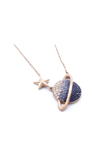 Ferizz Mavi Zirkon Taşlı Satürn Model Rose Gümüş Kolye Gk-316