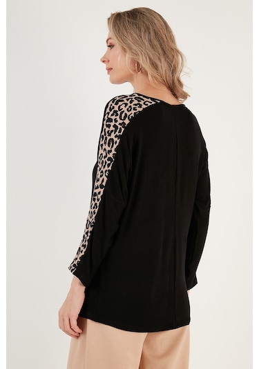 Lela Kolları Leopar Desenli Bisiklet Yaka Bayan Bluz 5863809 Siyah