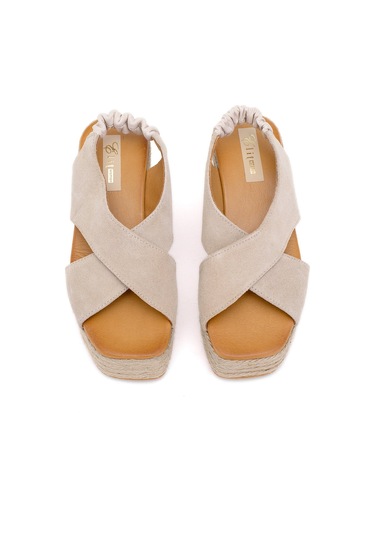 Elit Rosabelle Kadın Hakiki Süet Deri Dolgu Topuk Sandalet Bej Bej