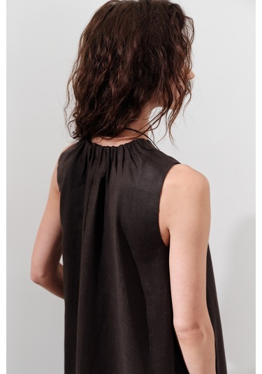 Keten Büzgülü Geniş Elbise Acı Kahve Acı Kahve