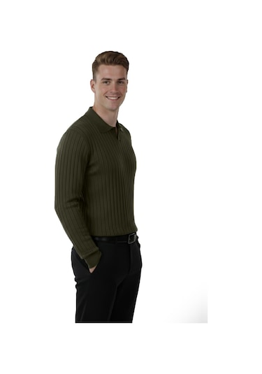 Deepsea Erkek Haki Polo Yaka Fitilli Triko Kazak %100 Pamuk, Esnek Dokulu, Modern Kalıp 2605305 Haki