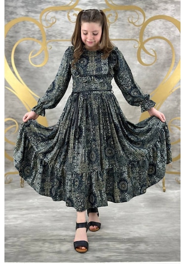 Desenli Tam Boy Uzun Kol Kız Çocuk Elbise 001