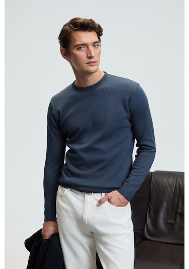 VAREX Erkek Yuvarlak Yaka Basic Slim Fit Triko Mavi Kazak