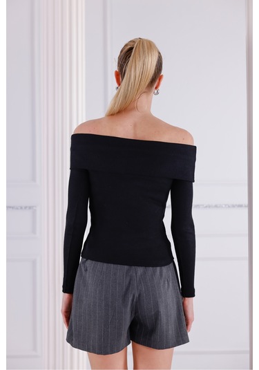 Madonna Yaka Uzun Kollu Fitilli Kadın Bluz Siyah