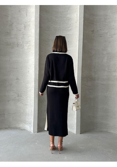 Kadın Inci Düğmeli Etekli Triko Takım Siyah