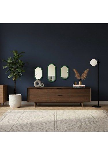 3 Lü Oval Duvar Aynası / Yeşil Dekor Oval Ayna -dekoratif Ayna Seti Yeşil