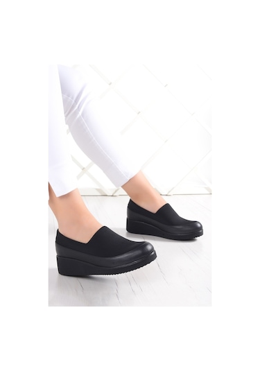 Erkan Saçmacı Rebecca Siyah Hakiki Deri Ön Yüz Streç Dolgu Topuklu Günlük Ayakkabı