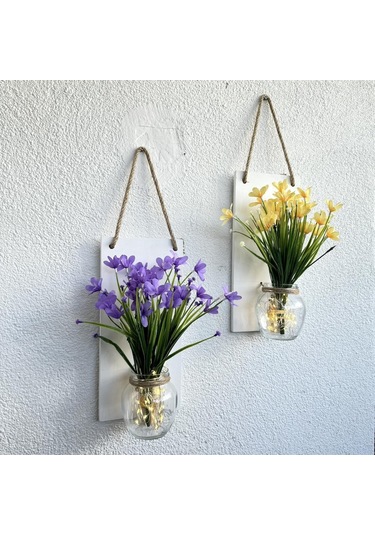 Led Işıklı, Sarı Ve Lila Nergis Çiçekli Duvar Dekoru Beyaz İkili Set Beyaz