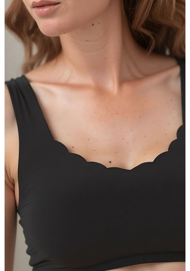 Siyah Dikişsiz Lazer Kesim Sütyen Pedli Kadın Hayalet Sütyen Dalga Detaylı Siyah