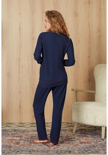 Doreanse Kadın Lacivert Waffle Kumaş Kırmızı Dikiş Detaylı T-shirt Pijama Takımı 4204-standart Standart
