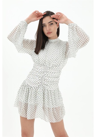 Büzgülü Puantiyeli Şifon Elbise - Ekru-ekru Ekru