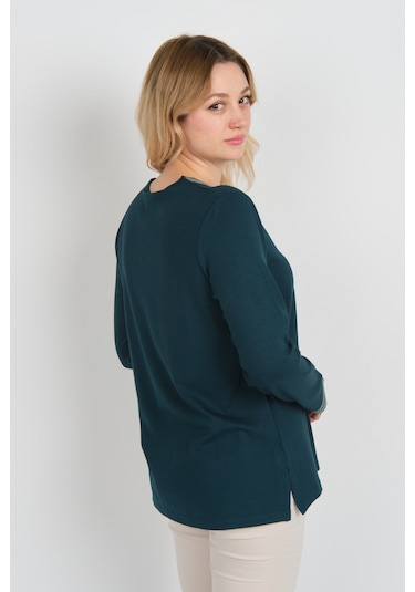 Detay Triko Kadın V Yaka Ve Yakası Taş Detaylı Uzun Kollu Anne Bluz 5711 Zümrüt Zümrüt