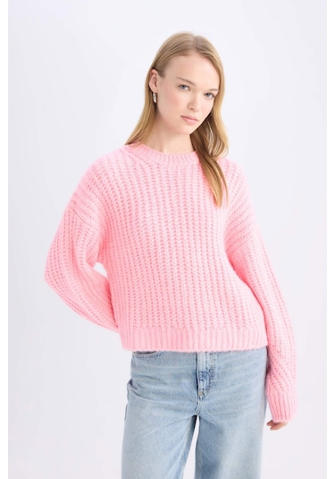 DeFacto Coool Oversize Geniş Kalıp Bisiklet Yaka Triko Kazak V1811AZ24CWPN450 Pembe