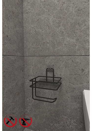 Alper Banyo Siyah Güçlü Yapışkanlı Yedek Raflı Tuvalet Kağıtlığı Tuvalet Kağıdı Askısı