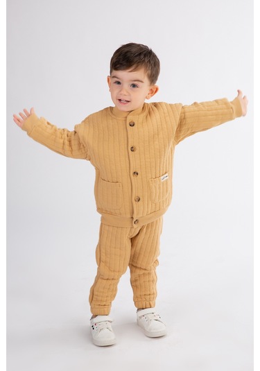 Erkek Çocuk Kapşonlu Kapitone Kumaş Hırkalı Alt Üst Takım Kahverengi