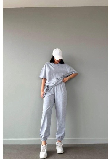 Basic T-shirt Eşofman Altı Gri Düz Alt Üst Eşofman Takımı Oversize Bisiklet Yaka Gri