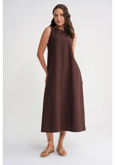 4690 Kadın Bisiklet Yaka Sıfır Kol Midi Paraşüt Elbise Kahve Kahve