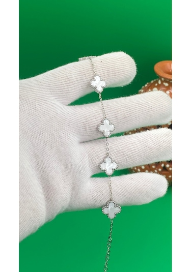 Gümüş Renk Yonca Model Çelik 316l Bileklik Beyaz