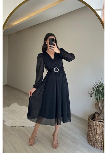 Neşeli Butik Kadın Kruvaze Yaka Tokalı Midi Boy Işıltılı Elbise Nm009 Siyah