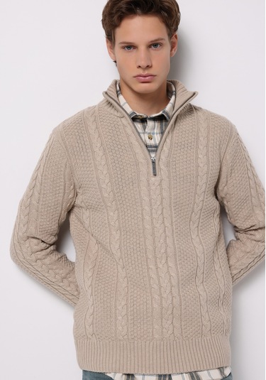 Colins Regular Fit Dik Yaka Jakarlı Erkek Ekru Kazak Cl1076243 Q1.v1 Ecr Ekru