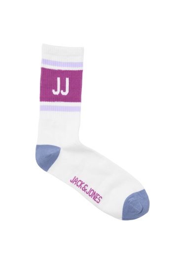 Jack & Jones Çizgili ve Logolu Tekli Çorap - Retro 12250746 - 3 Beyaz - Mor Beyaz