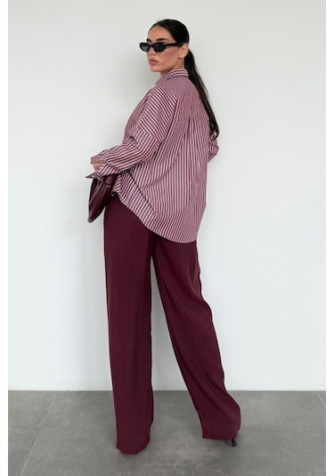Madmext Bordo Çizgili Kadın Gömlek Mg2410 Bordo