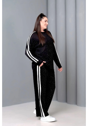 Önü Taş Baskılı Yanı Şeritli Takım Siyah