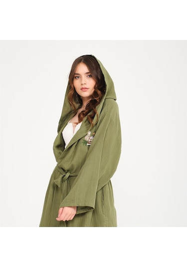 Ördek Nakışlı Kısa Kapüşonlu Müslin Kadın Bornoz-Yeşil