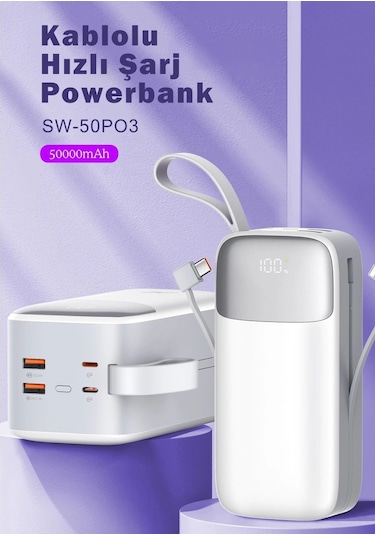 Sword SW-50PO3 50000 Mah Pd 22.5 W Hızlı Şarj Kendinden Kablolu Type-c & Lightning Powerbank Beyaz