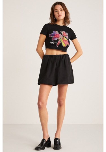 Ethıquet Jess Kadın Önü Baskılı Kısa Kollu Crop Siyah T-shirt