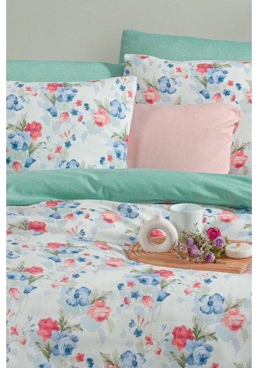 Lastikli Çarşaflı Tek Kişilik Nevresim Takımı Roseto-yeşil Mavi - Yeşil