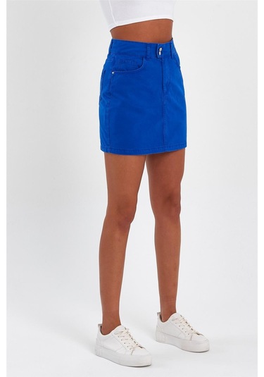 Kadın Çift Düğmeli Mini Kot Etek Saks-saks Saks Mavi