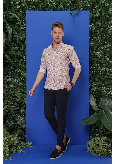 G 1542 Slim Fit Taba Klasik Gömlek Taba