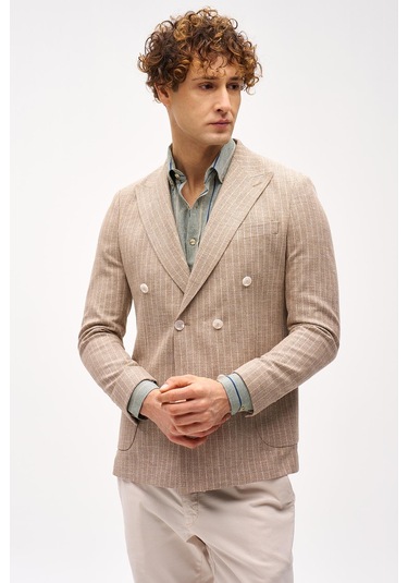 Erkek Bej Slım Fıt / Dar Kalıp Geniş Kırlangıç Ceket-16417 Bej