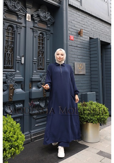 Kadın Lacivert Aerobin Uzun Önü Yarım Fermuarlı İkili Takım T1219 Lacivert