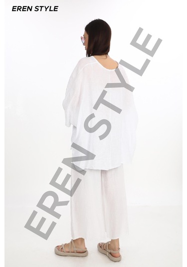Bohem Kuruvaze Tek Düğmeli Keten Bluz-9884 Beyaz